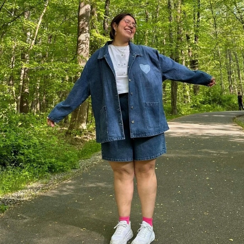 Shiny by nature denim jacket womens oversized medium heart Patchwork vintage